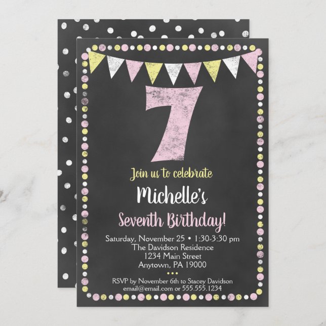 Pink Yellow Chalkboard 7th Birthday Invitation (Front/Back)