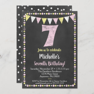Pink Yellow Chalkboard 7th Birthday Invitation