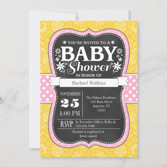 Pink Yellow Chalkboard Floral Baby Shower Invite (Front)