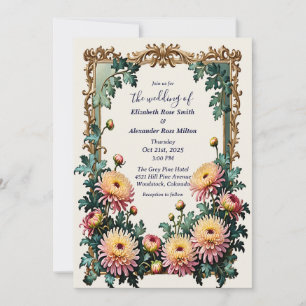 Pink Yellow chrysamthemums art frame wedding Invitation