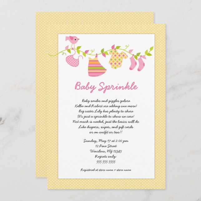 Pink Yellow Clothesline baby sprinkle invitations (Front/Back)