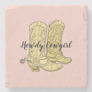 Pink Yellow Cowgirl Boots Stone Coaster