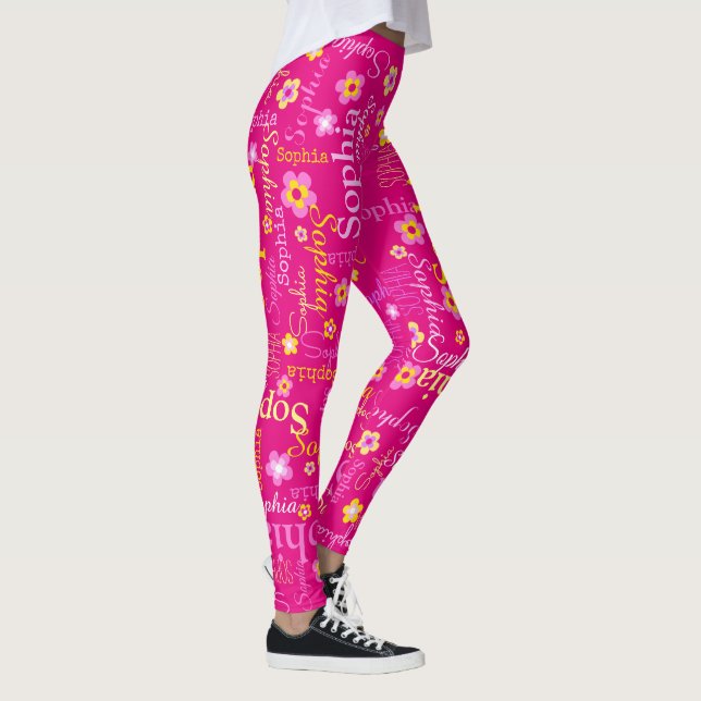 Pink yellow custom girls text name flower Sophia Leggings (Right)