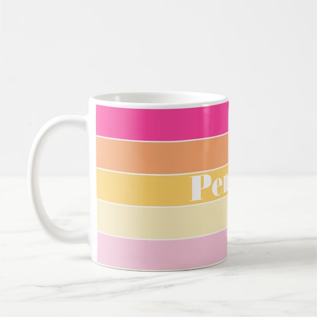 Pink Yellow Custom Summer Colour Block Stripes Coffee Mug (Left)