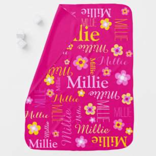 Pink yellow cute girls name Millie flower Baby Blanket