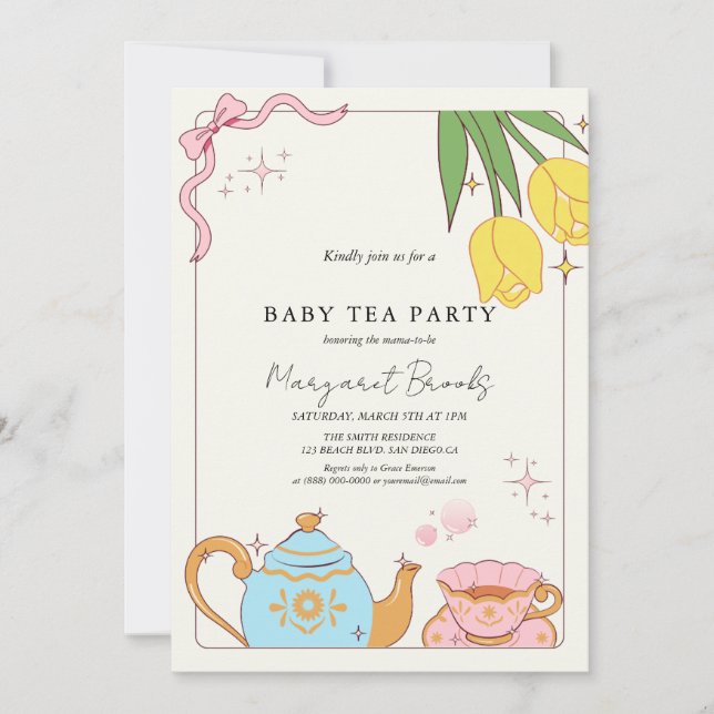 Pink Yellow Cute Tea Party Baby Shower  Invitation (Front)