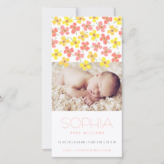 Pink Yellow Daisies Baby Girl Birth Announcement (Front)