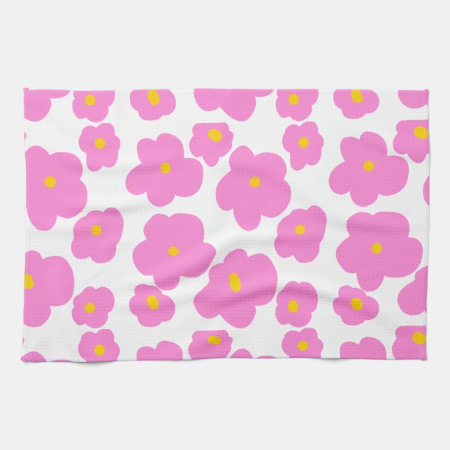 Pink yellow daisy flower modern elegant pattern  tea towel (Horizontal)
