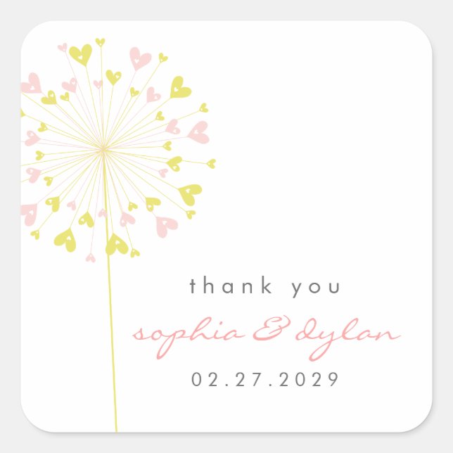 Pink & Yellow Dandelion Flower Love Hearts Wedding Square Sticker (Front)
