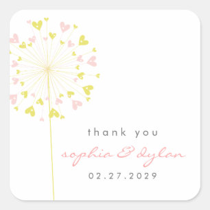 Pink & Yellow Dandelion Flower Love Hearts Wedding Square Sticker