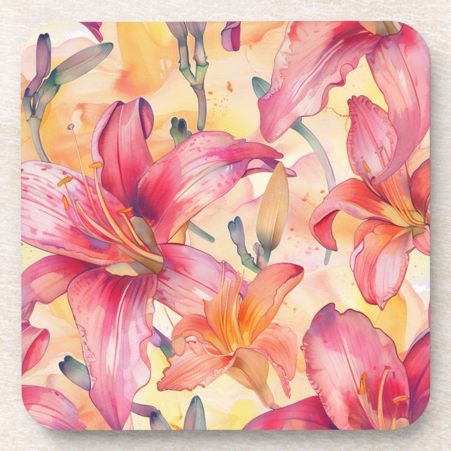 Pink Yellow Daylilies Coaster (Front)