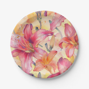 Pink Yellow Daylilies Paper Plate