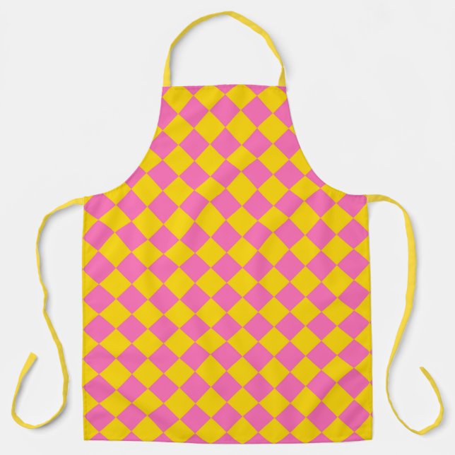 Pink Yellow Diamond Harlequin Chequered Pattern Apron (Front)