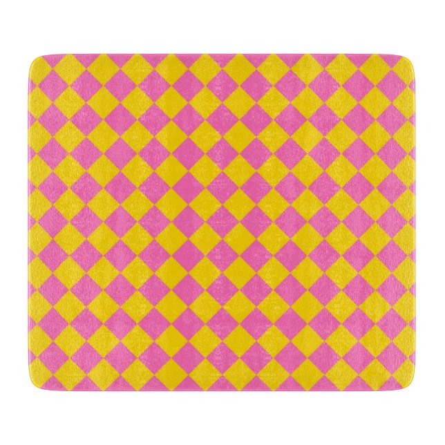 Pink Yellow Diamond Harlequin Chequered Pattern Cutting Board (Front)