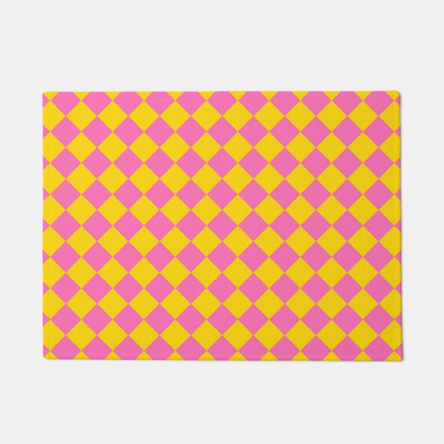 Pink Yellow Diamond Harlequin Chequered Pattern Doormat (Front)