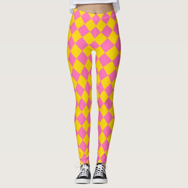 Pink Yellow Diamond Harlequin Chequered Pattern Leggings (Front)