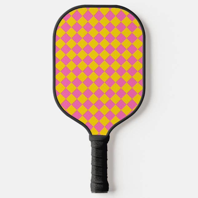 Pink Yellow Diamond Harlequin Chequered Pattern Pickleball Paddle (Front)