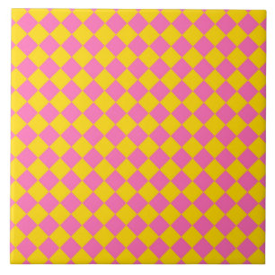 Pink Yellow Diamond Harlequin Chequered Pattern Tile
