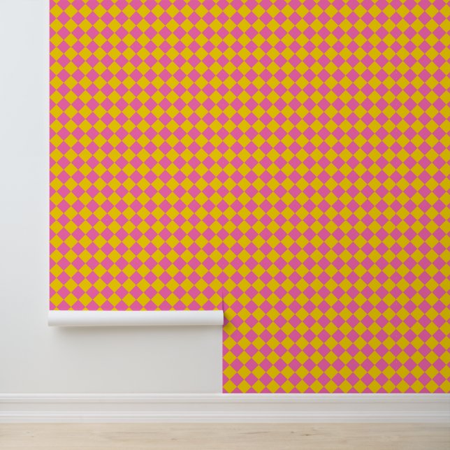 Pink Yellow Diamond Harlequin Chequered Pattern Wallpaper (Application)