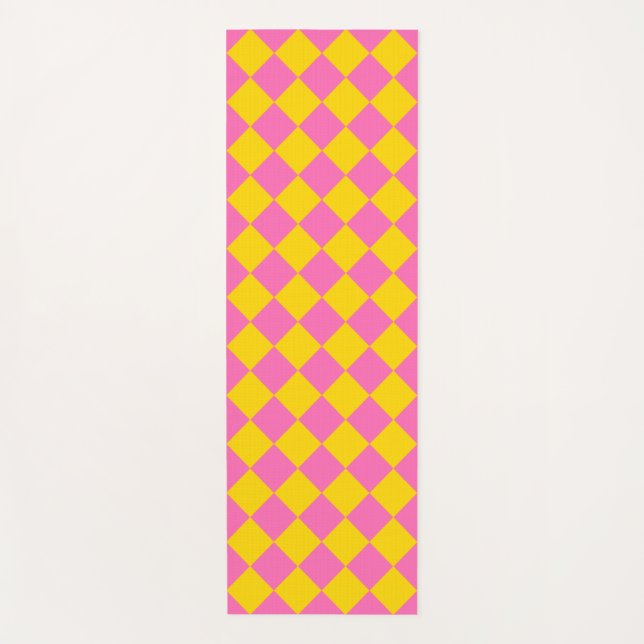 Pink Yellow Diamond Harlequin Chequered Pattern Yoga Mat (Front)