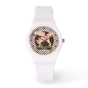 Pink & Yellow Fantasy Unicorn; Brown White Stripes Watch