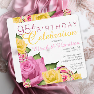 Pink Yellow Floral 95th Birthday Celebration Invitation