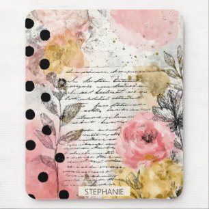 Pink Yellow Floral Collage on Antique Paper Mouse Pad