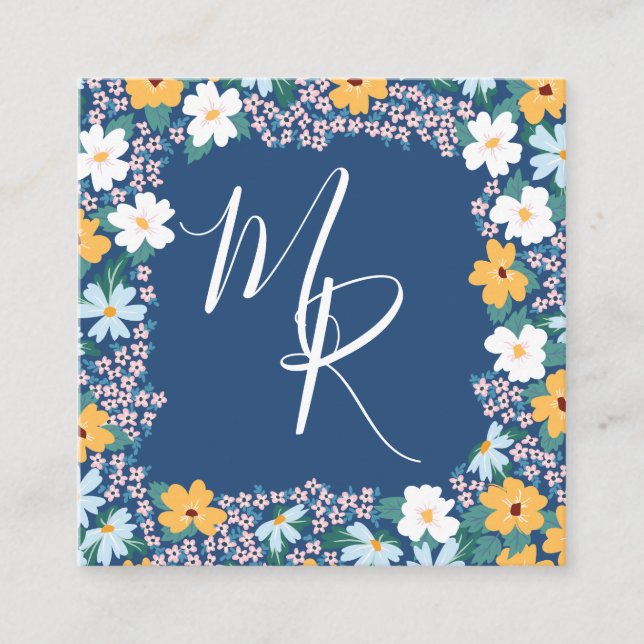 Pink & Yellow Floral Frame Monogram Square Business Card (Front)