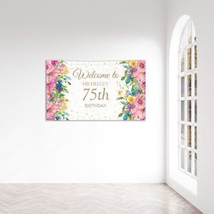 Pink Yellow Floral Glitter 75th Birthday Welcome Banner