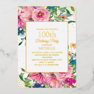 Pink Yellow Floral Gold Glitter 100th Birthday