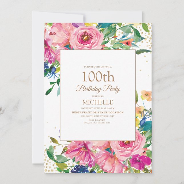 Pink Yellow Floral Gold Glitter 100th Birthday Invitation (Front)
