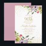 Pink Yellow Floral Gold Glitter 90th Birthday Invitation<br><div class="desc">Elegant and colourful pink and yellow watercolor floral with gold glitter on a white 90th birthday party invitation.  Contact us for help with customisation or to request matching products.</div>