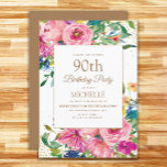 Pink Yellow Floral Gold Glitter 90th Birthday Invitation<br><div class="desc">Elegant and colourful pink, blue, and yellow watercolor floral with gold glitter on a white 90th birthday party invitation for women. Contact the designer for help with customisation or to request matching or coordinating products. The text on this card is completely customisable and can be designed for a party celebrating...</div>
