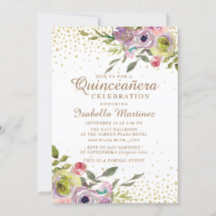 Pink Yellow Floral Gold Glitter Quinceañera Invitation