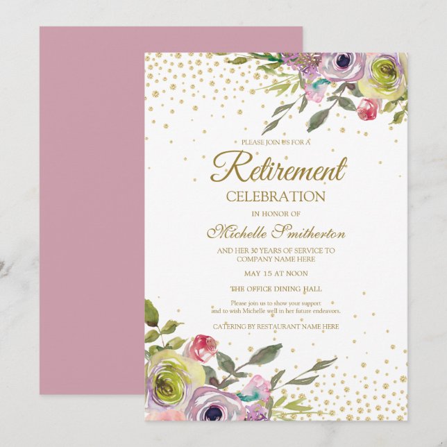 Pink Yellow Floral Gold Glitter Retirement Party Invitation (Front/Back)
