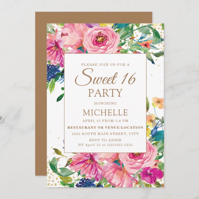 Pink Yellow Floral Gold Glitter Sweet 16 Invitation (Front/Back)