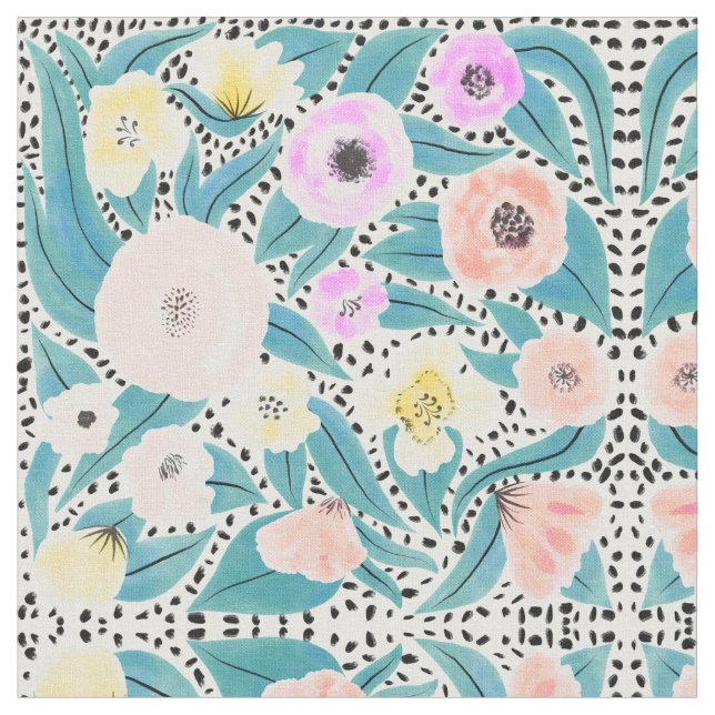 Pink Yellow Floral Polka Dots Watercolor Pattern Fabric (Close Up)