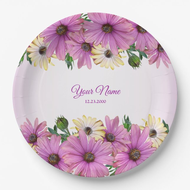 Pink Yellow Floral Rustic Elegant Wedding Party Paper Plate (Front)