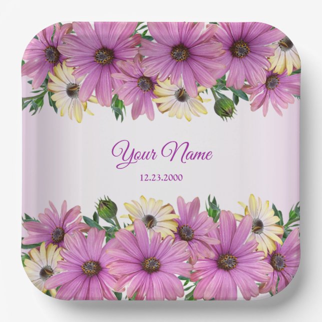 Pink Yellow Floral Rustic Elegant Wedding Party Paper Plate (Front)