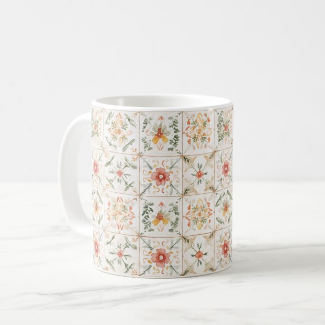 Pink Yellow Floral Squares Coffee Mug (Front Left)
