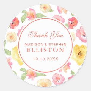 Pink & Yellow Floral Watercolor   Thank You Classic Round Sticker