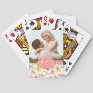 Pink & Yellow Floral Watercolor - Wedding Photo Playing Cards