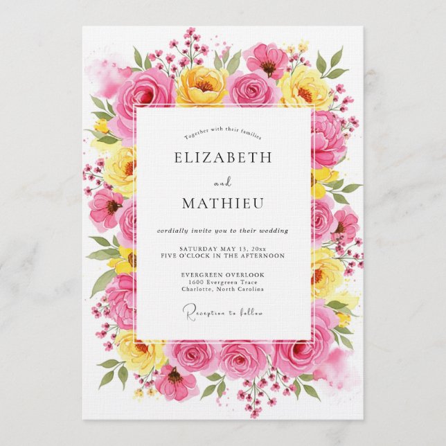 Pink Yellow Floral Whimsy Wedding Invitation (Front)