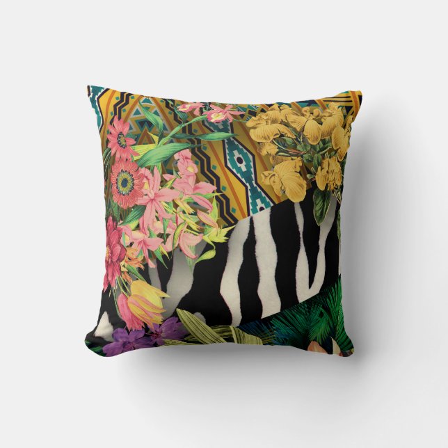 Pink Yellow Floral Zebra Indian Print Pattern Cushion (Front)