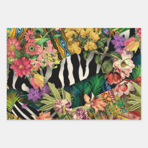 Pink Yellow Floral Zebra Indian Print Pattern Wrapping Paper Sheet