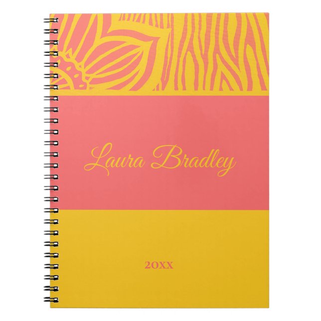 Pink & Yellow Floral Zebra Linocut Name & Year Notebook (Front)
