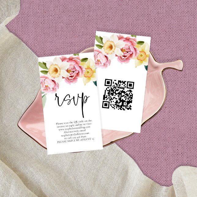 Pink Yellow Florals Script QR Code Wedding RSVP  Enclosure Card (Creator Uploaded)