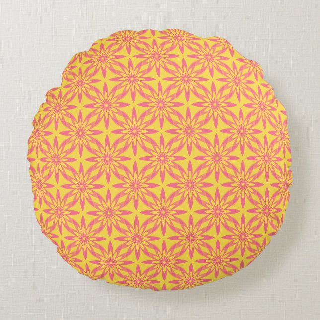 Pink Yellow Flower Seamless Pattern Round Cushion (Front)