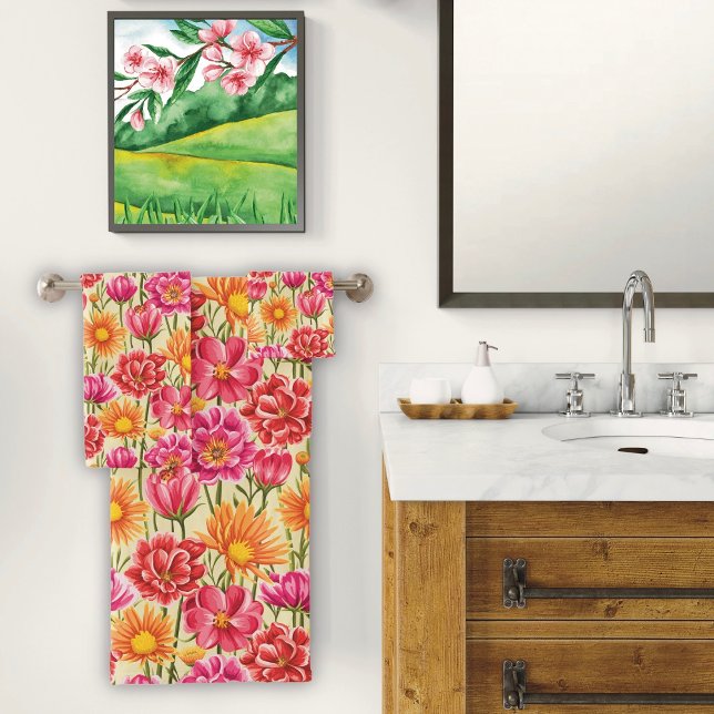 Pink & Yellow Flowers Bathroom Towel Set (Creator Uploaded)