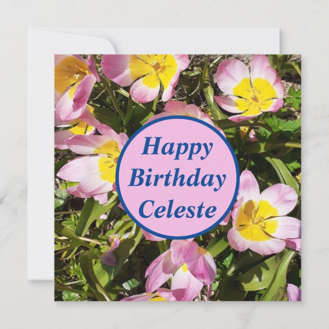 Pink & Yellow Flowers Flat Birthday Card (Front)